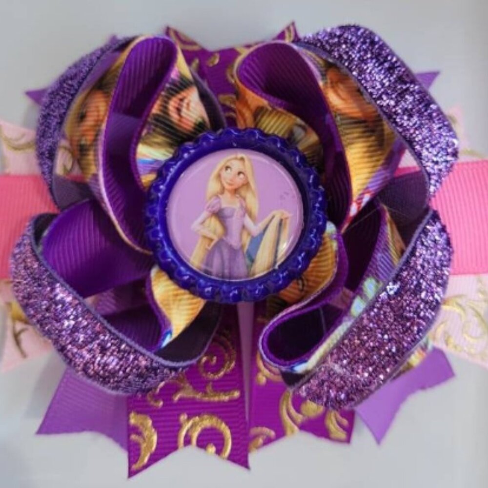 Rapunzle Tangled Disney Princess Purple Pink Gold Foil Bottle Cap Hair Bow 5"